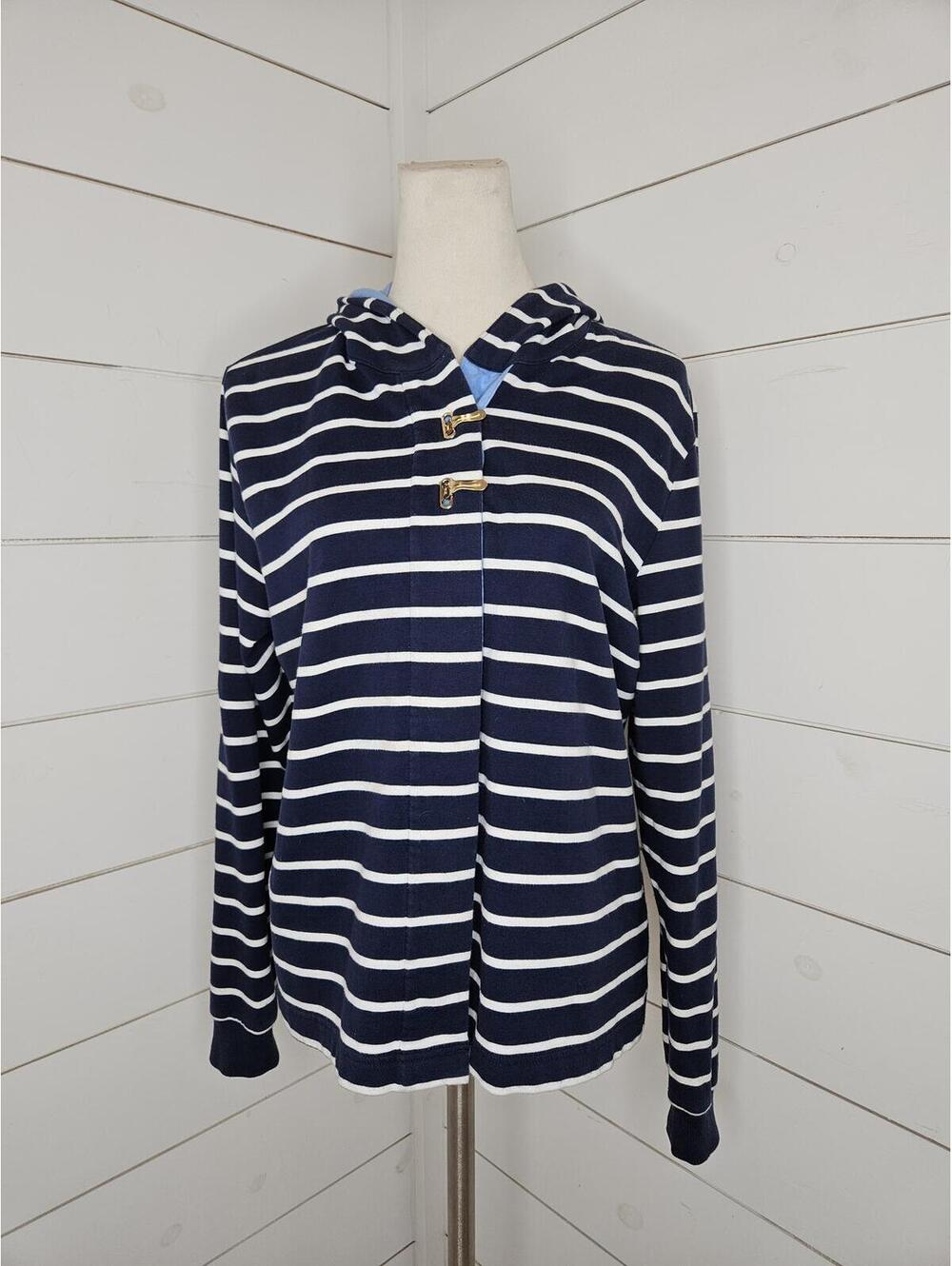 Relaxed by Charter Club large blue & white striped cotton hoodie jacket. Preppy!